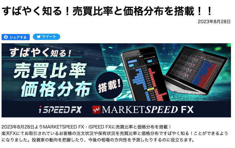 楽天FXのMARKETSPEED FX・iSPEED FXに売買比率と価格分布を搭載